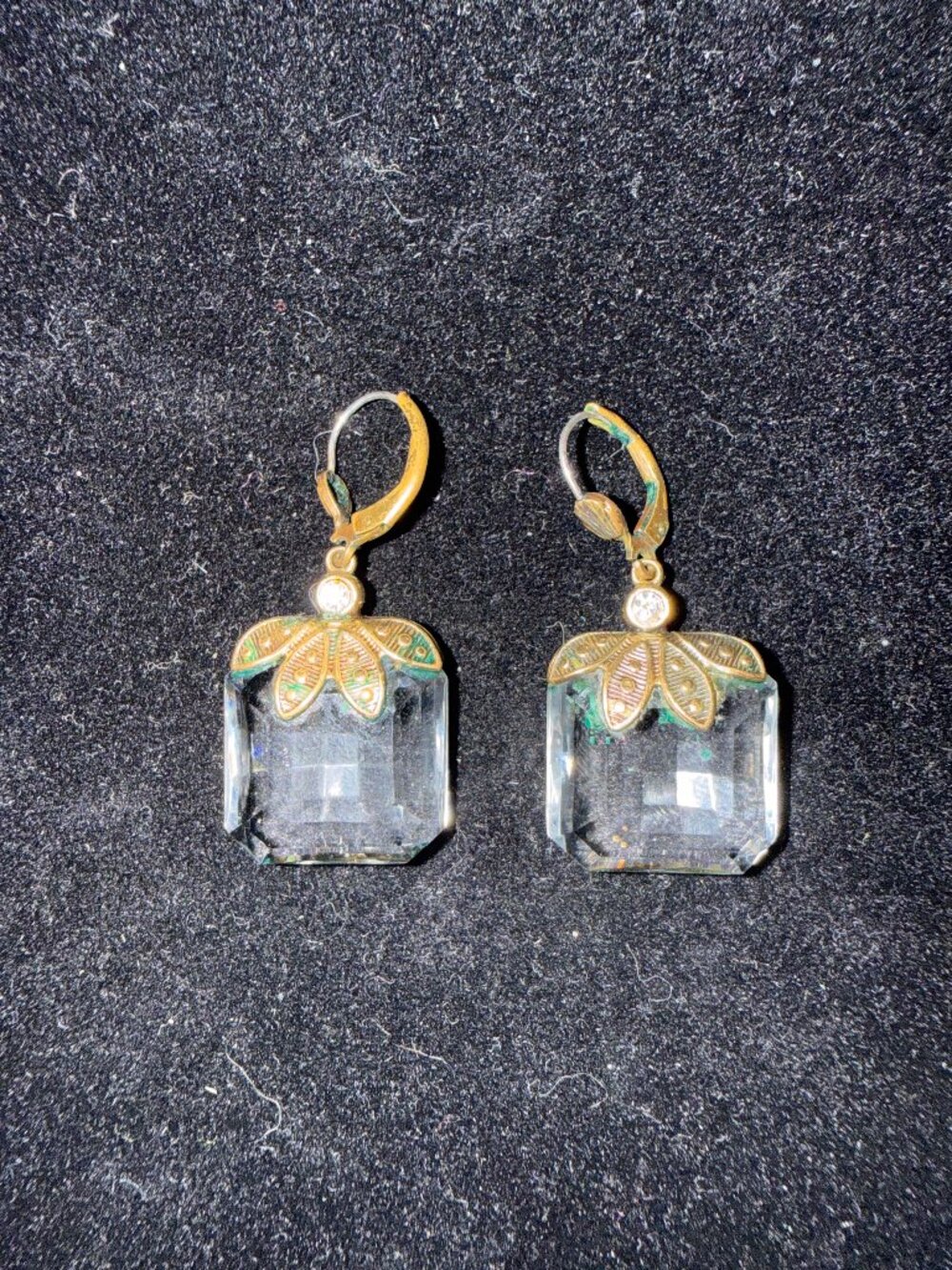 vintage dangle earrings, square cut glass stone, decorative metal cap